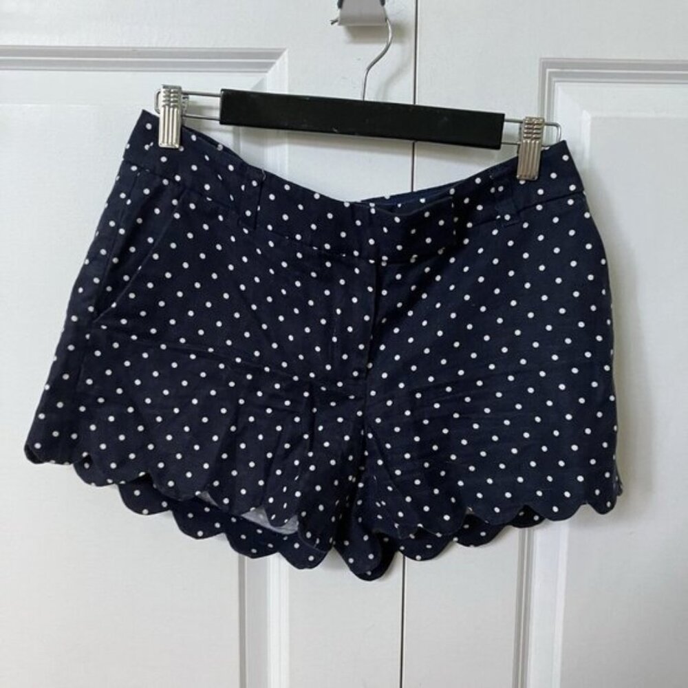 J. Crew Shorts Womens 4 Navy Blue Polka Dot Scallop Chino Flat Front Twee Preppy